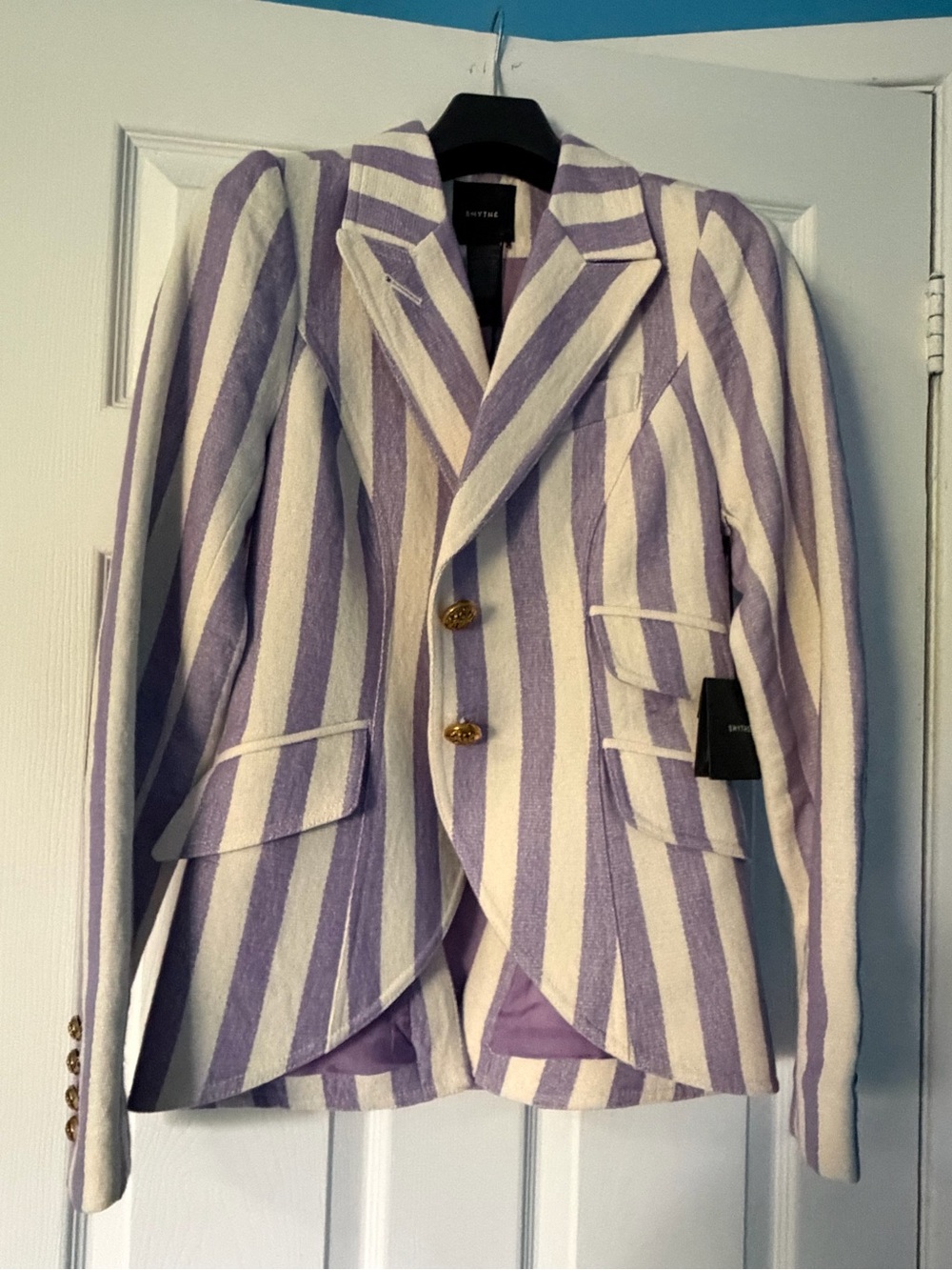 Smythe Striped Lavender & White Women's Blazer with Brown Leather elbow patches